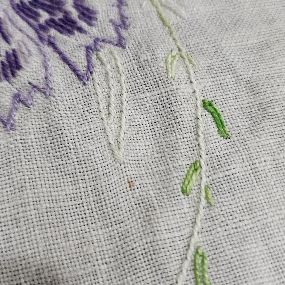 Vintage Hand Embroidered Linen Table Runner Floral Crochet Lace Trim 38x12